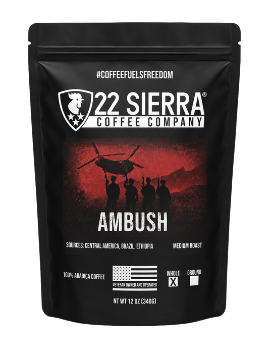 22 Sierra Coffee Company Ambush coffee package with a helicopter and soldier silhouette on a red background.