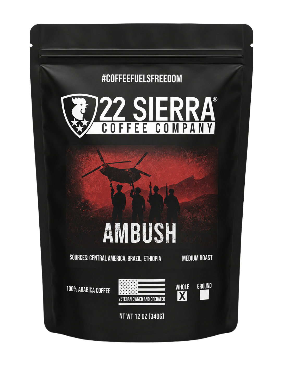22 Sierra Coffee Company Ambush coffee package with a helicopter and soldier silhouette on a red background.