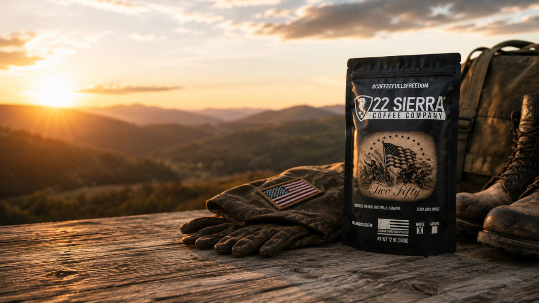 22 Sierra coffee package with gloves and boots on a wooden surface with a scenic background